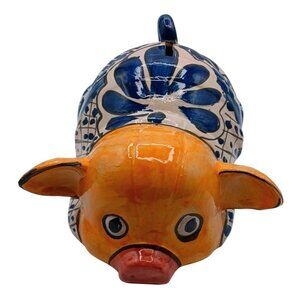 Vintage 1970s Xl Talavera Pig Piggy Bank Mexican Folk Art  Pottery Cobalt Blue